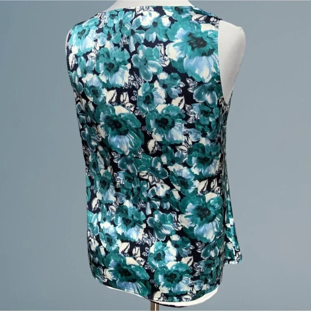 Ann Taylor Loft petite turquoise sleeveless cowl neck floral spandex blouse PS - Picture 9 of 10